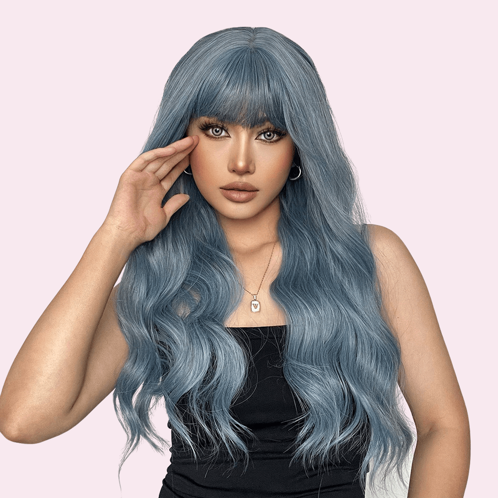 Aria Long Wavy Blue Wig with Bangs